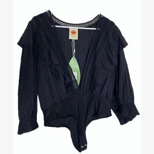 FARM Rio Black Ruffle Bodysuit